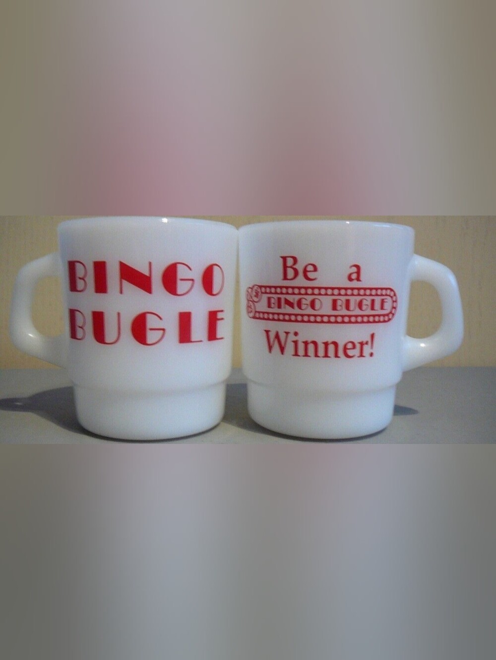 2 Vintage Red & White Milk Glass Bingo Bugle Mugs Cups Galaxy